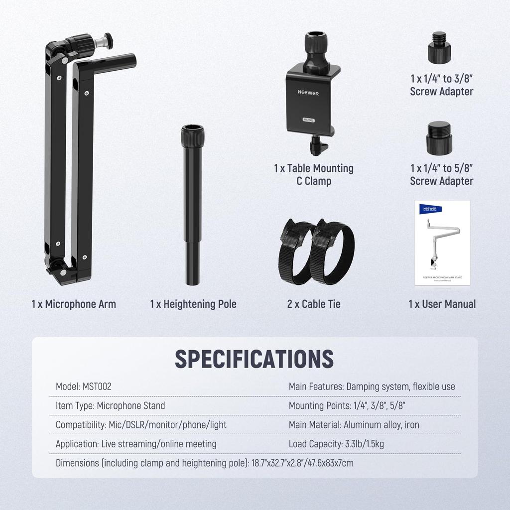 NEEWER Тонкий микрофонный кронштейн для стола с демпфированием, вращение на 360°, шарнирный кронштейн с регулируемой по высоте стойкой и каналом для прокладки кабелей