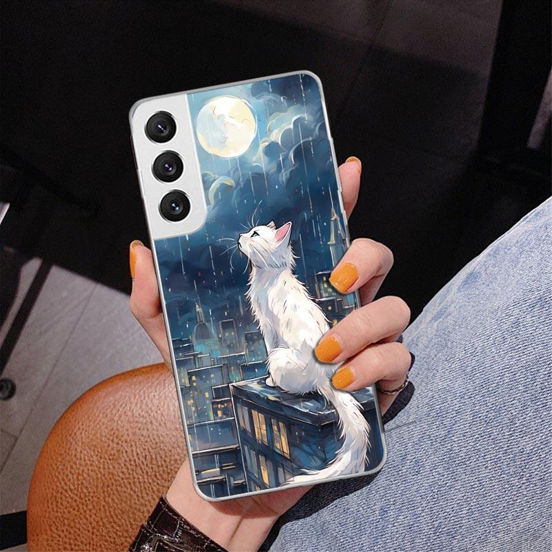 Аниме Кот Дождь Животное Чехол для Телефона Для Samsung Galaxy S24 S25 Edge S26 Ultra S23 S22 S21 Plus S20 FE + Персонализированный Чехол с Печатью Ga