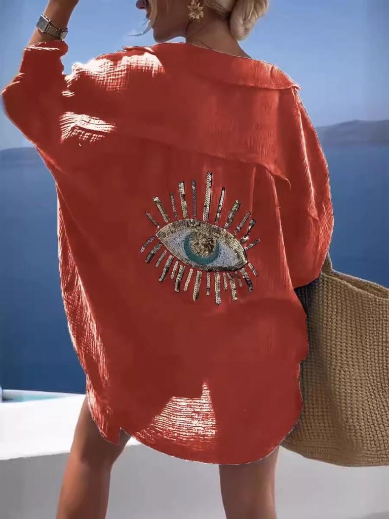 Европейская и американская трансграничная женская повседневная рубашка с длинным рукавом из хлопка и льна с отложным воротником