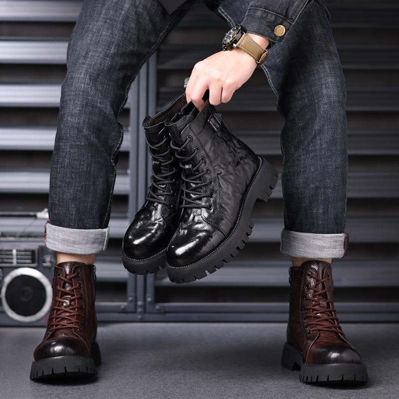 Winter First Layer Sheepskin Martin Boots Men's High-top Cotton Shoes Genuine Leather Men's Locomotive Boots Velvet Warm Trend Men's Shoes