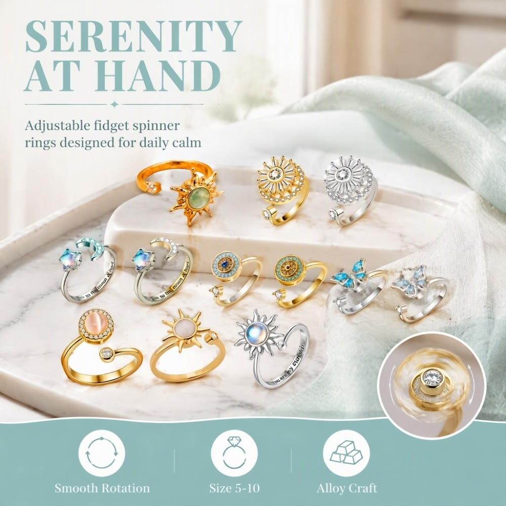 Luxury Rotating Ring Butterfly Floral Synthetic Ring Fidget Spinner Ring Stress Relief