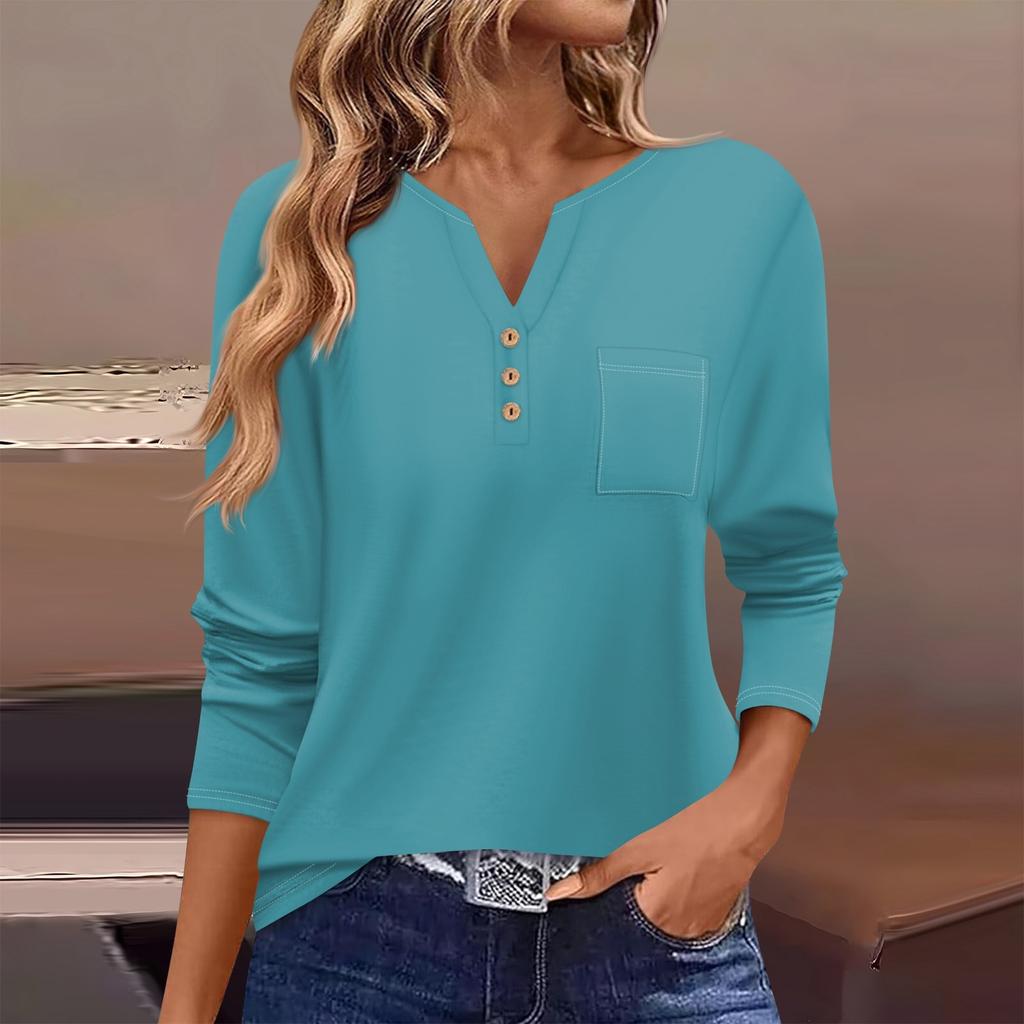 Women's T Shirt Tee Button Long Sleeve Daily Weekend Fashion Basic V- Neck Regular Top With Pocket