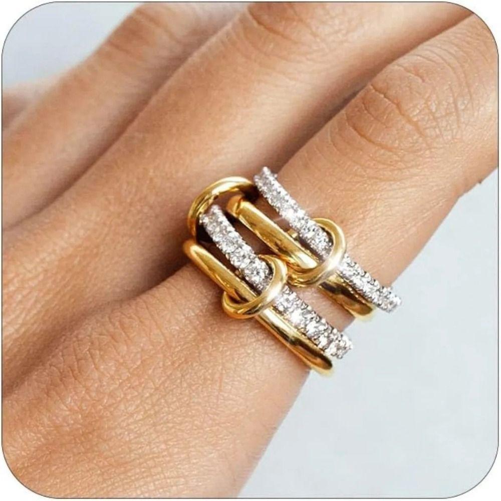 Metal Geometric Knuckle Ring Three Layered Ring Multi-Link Connected Rings Stackable Rings Women