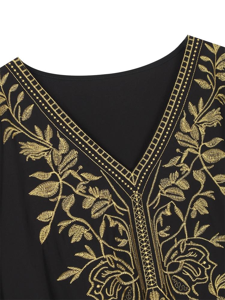 EDOLYNSA 2024 Gold Thread Embroidered Plus Size Casual Vacation Beach Dress Summer Swimsuit Coverup For Women V Neck Bat Sleeve Black Kaftan