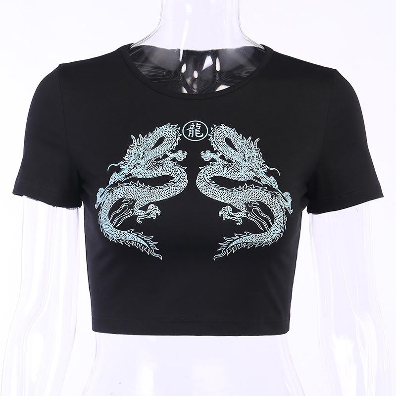 2024 Dragon Print Women's Cotton Crop Top - Short-Sleeve, Versatile Chinese Style Fashion.