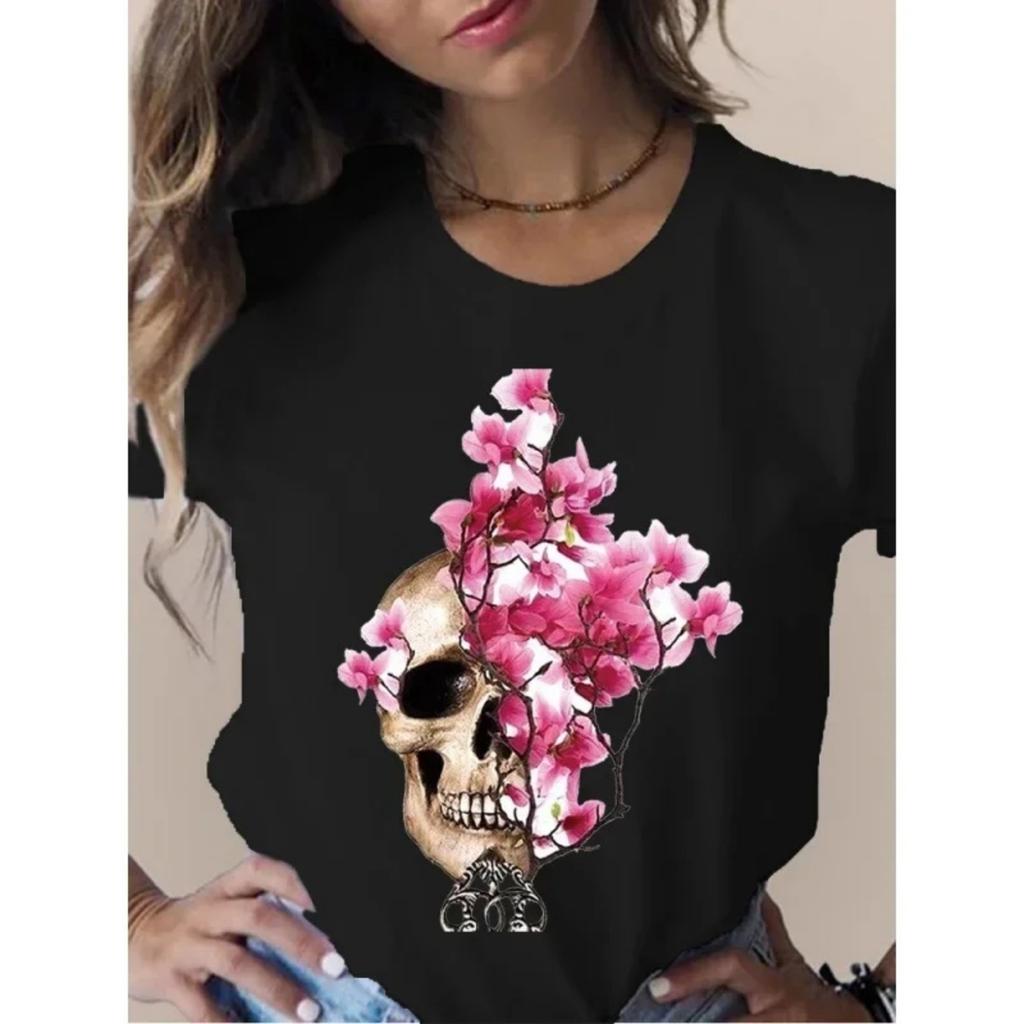 Female T Shirt Skull Head Butterfly Flower Print Short Sleeve O Neck Loose Women Tshirt Ladies Tee Shirt Tops Camisetas Muje
