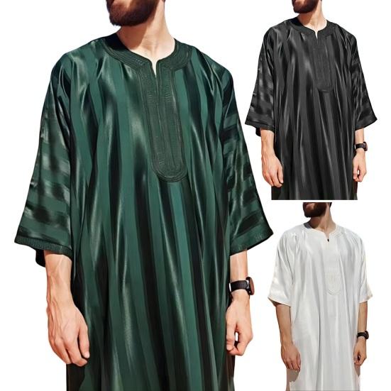 Традиционный мужской длинный халат Ближний Восток Ретро одежда с круглым вырезом и половиной рукавов с вышивкой в ​​прямую полоску плюс размер до щиколотки Повседневная одежда Топ