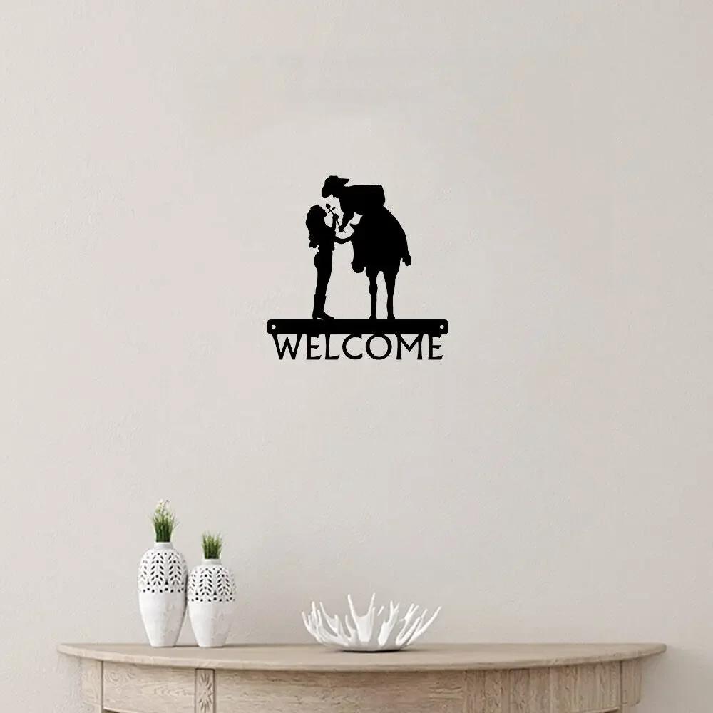 1pc Iron Art Romantic Couple - Cowboy & Cowgirl - Welcome Sign 12 Inch for Living Room New Wall Decoration Hooks Wall Sticker