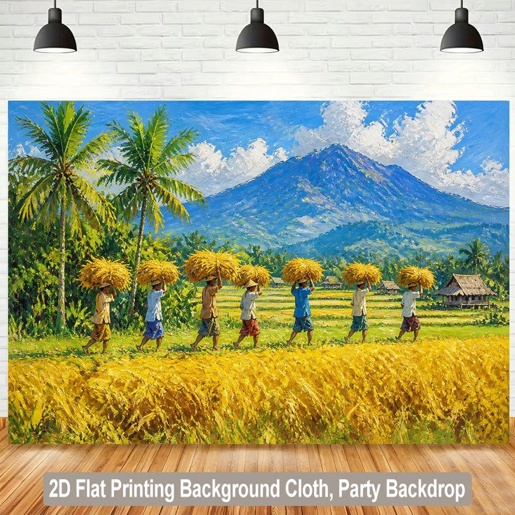 Exotic Tropical Paradise Tapestry Wall Hanging Art Print Mural Background Decor Southeast Asia Harvest Village Scene Palm Tree M