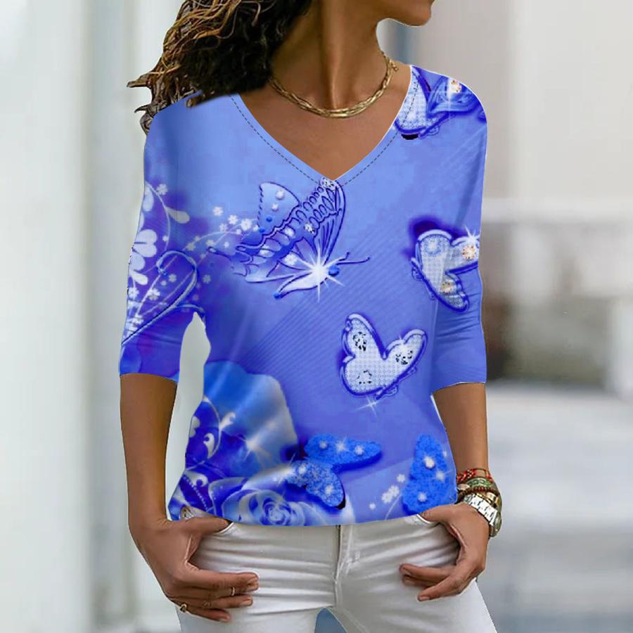 Women Autumn Floral Butterfly Flying Printed Long Sleeve T-Shirts Loose V-Neck Plus Size Tee Shirt Tops Comfy Blouse