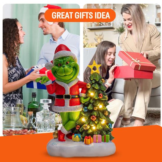 Christmas Statue with LED Lights Handmade Resin Sculpture Battery-Powered Festive Figurine for Patio Balcony Yard Housewarming Gift