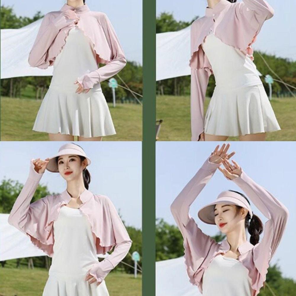 Solid Color Sun Protection Clothing Long Sleeve Ice Silk Cape Long Sleeve Crop Top Sun Protection
