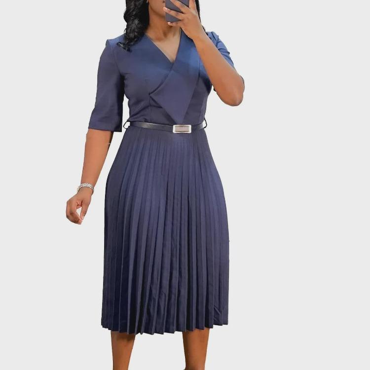 2024 African Inspired Womens V Neck Pleated Dress Fashionable Solid Color Design