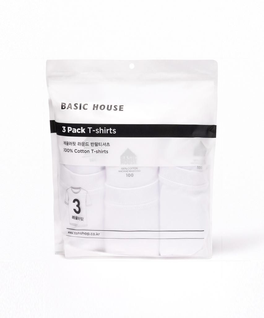 BASIC HOUSE [3 шт.] Uni Чистый хлопок 30-й счет Bci Круглый вырез Однотонная футболка с коротким рукавом (3 шт.)_4 Цвета Lats0110 (Тип B)