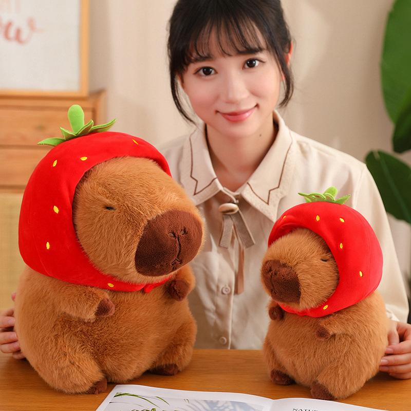 Strawberry Hat Capybara Pendant Plush Keychain Detachable Hat Realistic Soft Stuffed Animal Doll Plush Capibara Toy Kid's Gift