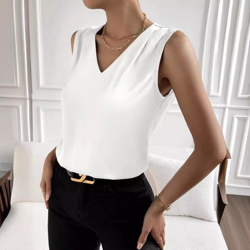 Women's Elegant Chic V-neck Vest for Summer Vacation Solid Color Versatile Sleeveless Shirt for Women Blouses & Shirts