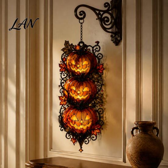 Halloween Pumpkin Hanging Ornaments Triple Jack-O'-Lantern Acrylic Ornament, Vine Fall Wall Decor, Stained Vertical Art Glass Style Sign for