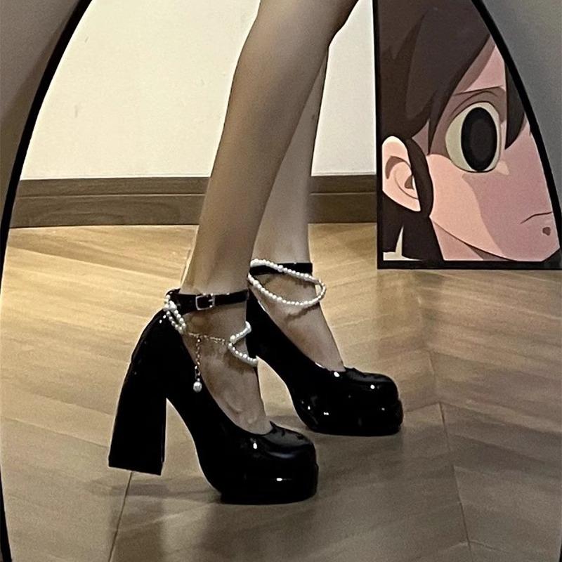 Туфли подружки невесты в стиле феи из жемчуга, туфли Мэри Джейн, водонепроницаемые туфли на высоком каблуке, женские туфли с одним словом, пряжкой, ремешком, толстым каблуком