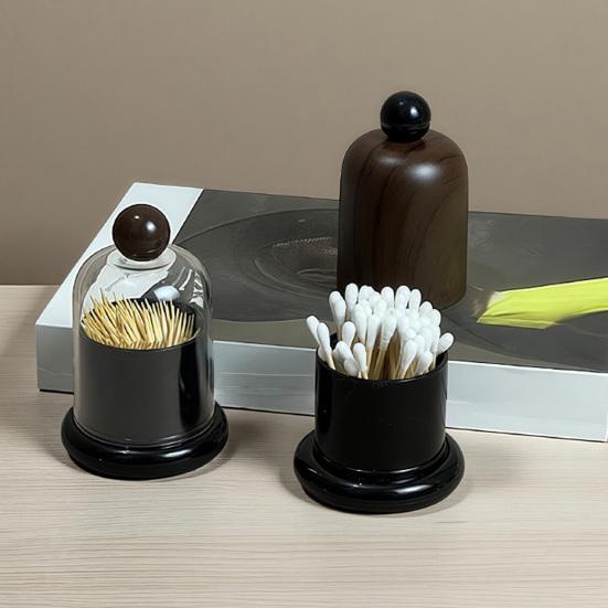 Toothpick Box with Clear/Wood Grain Lid, Dust-proof Toothpick Holder Dispenser, Dental Floss Swabs Toothpick Container for Kitchen Countertop