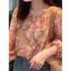 Spring New Korean Style Round Neck Puff Sleeve Printed Shirt for Women Loose and Versatile Long-sleeved Shirt