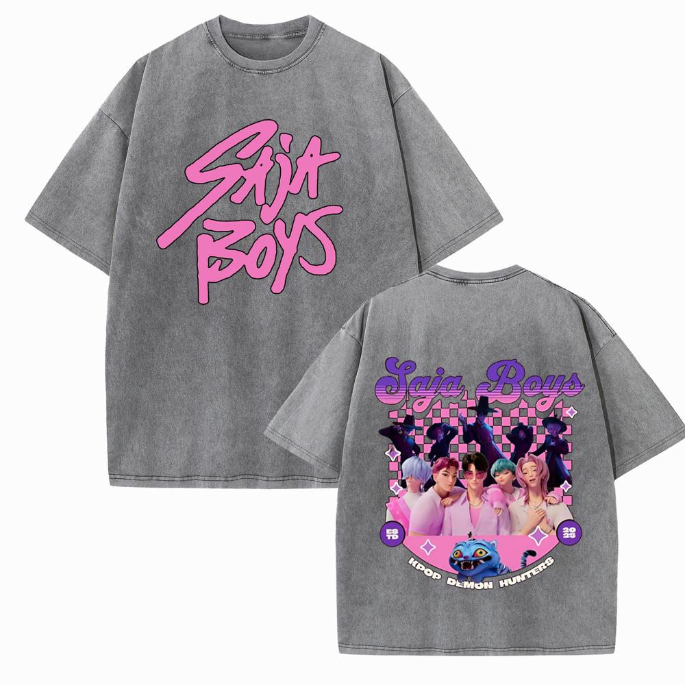 KPop Охотники на демонов Saja Boys Стиранная футболка Винтажная с круглым вырезом с коротким рукавом Хлопковые футболки