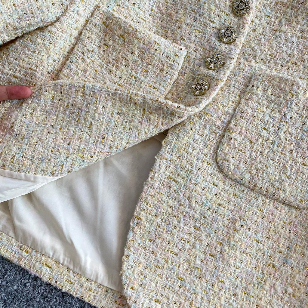 Осень Зима Женский Элегантный Маленький Ароматный Ветер Полный Рукав Однобортный Твидовый Короткий Пиджак Пальто С Карманом