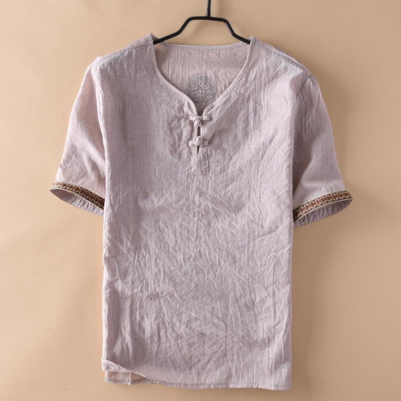 Мужская футболка в китайском стиле, винтажная, с принтом, из хлопка и льна, летняя, мужская, повседневная, с V-образным вырезом, с коротким рукавом, дышащая, топы, Ropa Hombre M-5XL