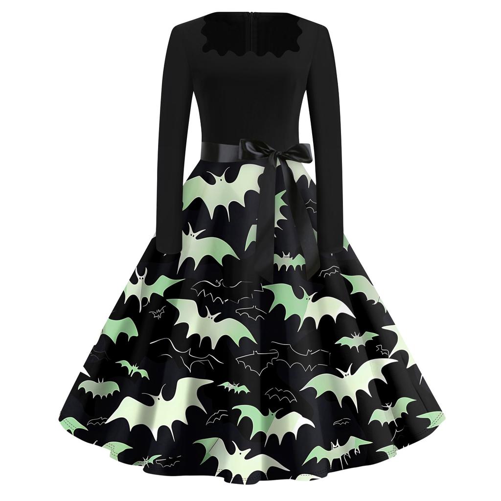 Платье с расклешенным принтом на Хэллоуин для женщин, платье с длинным рукавом, полые вечерние повседневные платья