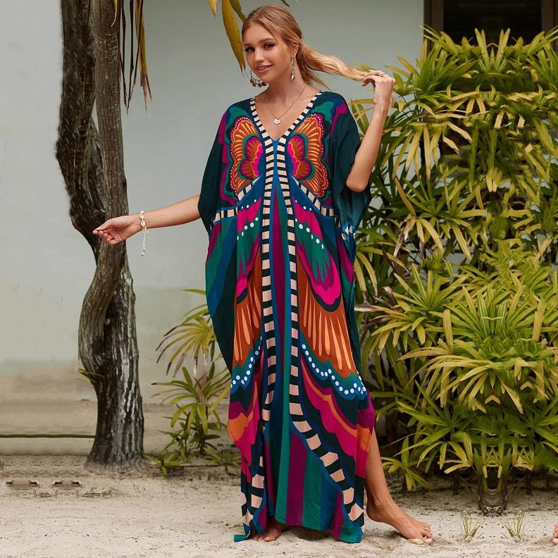 2022 Разноцветный кафтан с богемным принтом и v-образным вырезом, рукавами «летучая мышь», уличная одежда, платье макси, женская пляжная одежда, купальный костюм, накидка Q1342