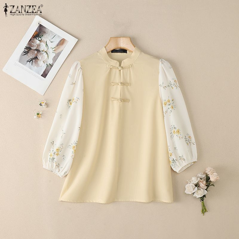 ZANZEA Женская повседневная блузка свободного кроя с воротником-стойкой и рукавами 3/4