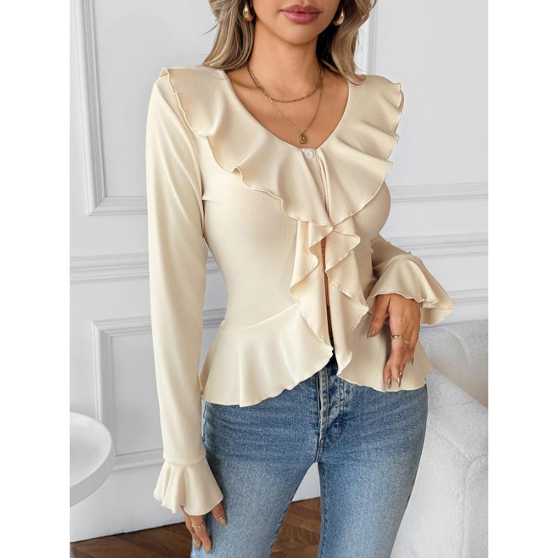 Women S Sweet V Neck Petal Sleeve Slim Fit T Shirt