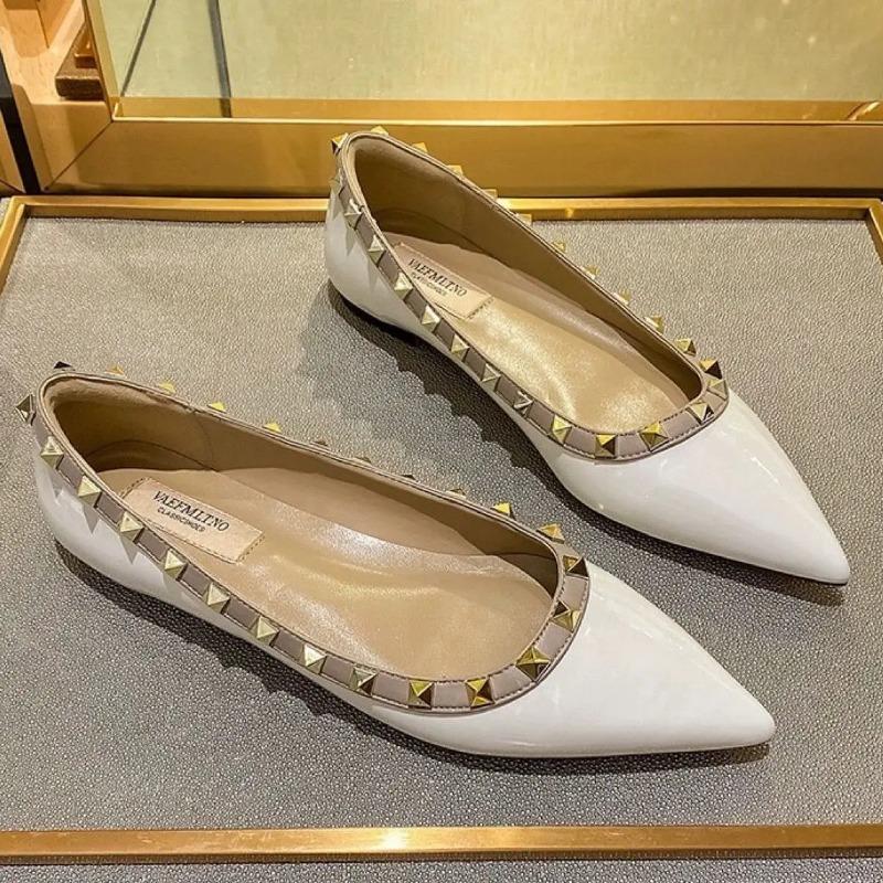 Flats Shallow Mouth Shoes Woman Flats Pointed Toe Modis Soft Rivets Studs Dress Ballerinas Fashion Shallow Mouth Korean Shoes