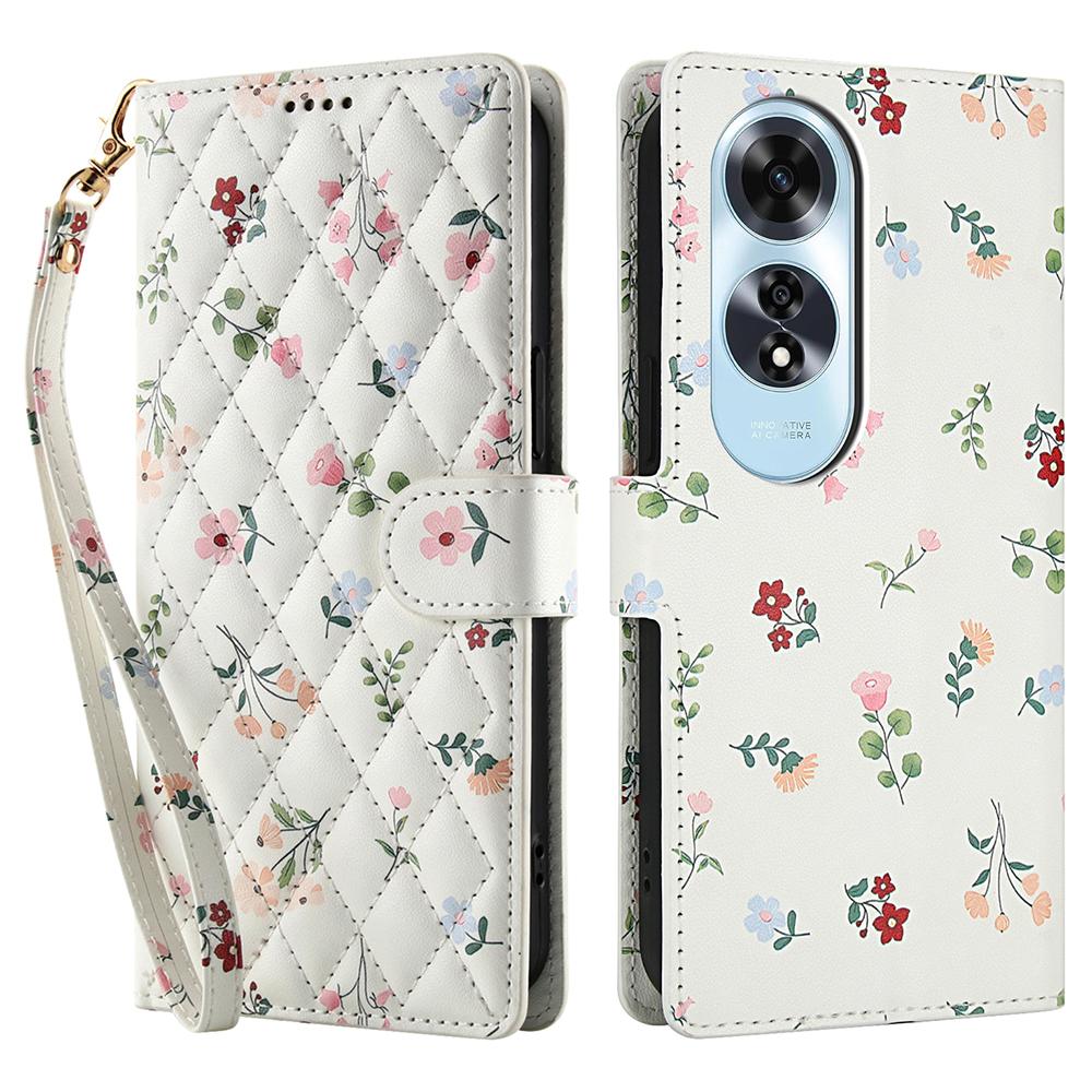 For Oppo A60 4G Wallet Case Rhombic Floral Design Leather Flip Phone Cover with Strap