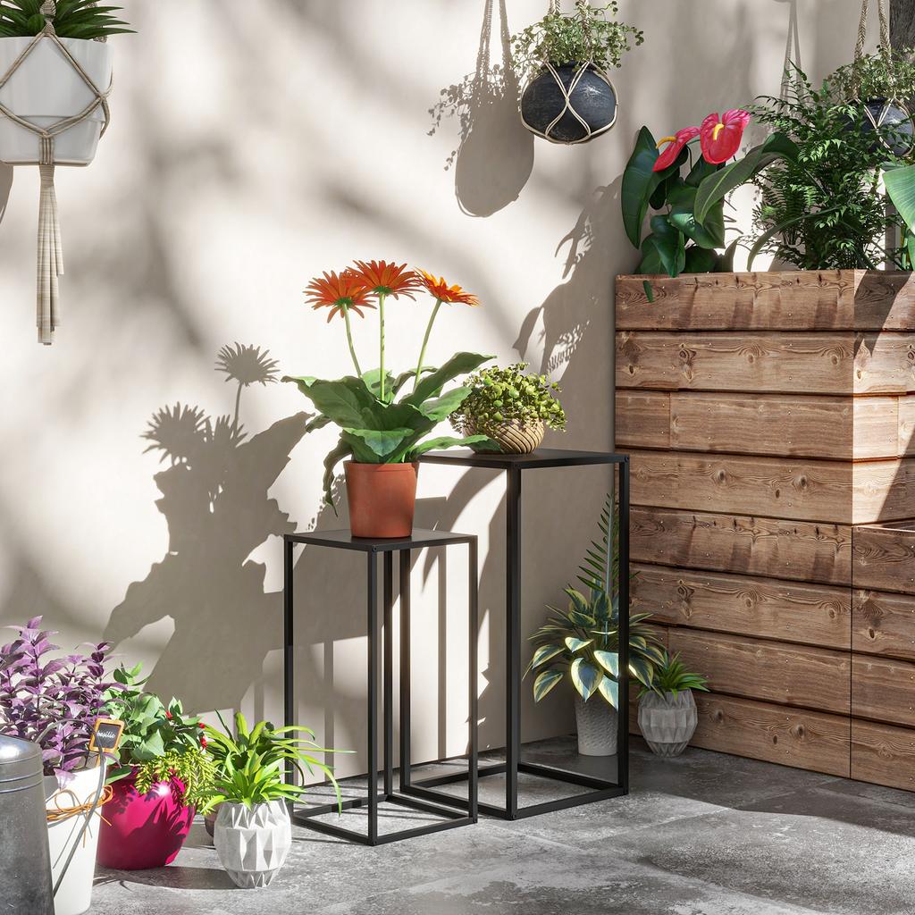 Plant Stand, Set of 2, Scandinavian Design, Metal Frame, 58.5/65cm Height, Black