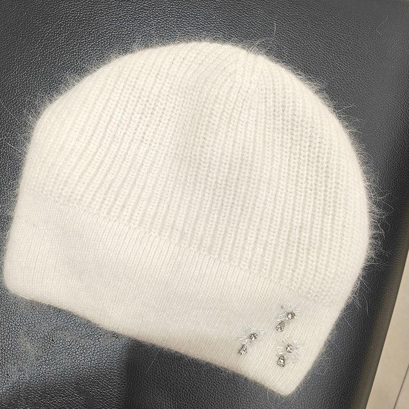 Double-layer warm mother hat, high-grade rhinestone decorative rabbit hair wool blended winter ear protection and cold-proof knitted hat