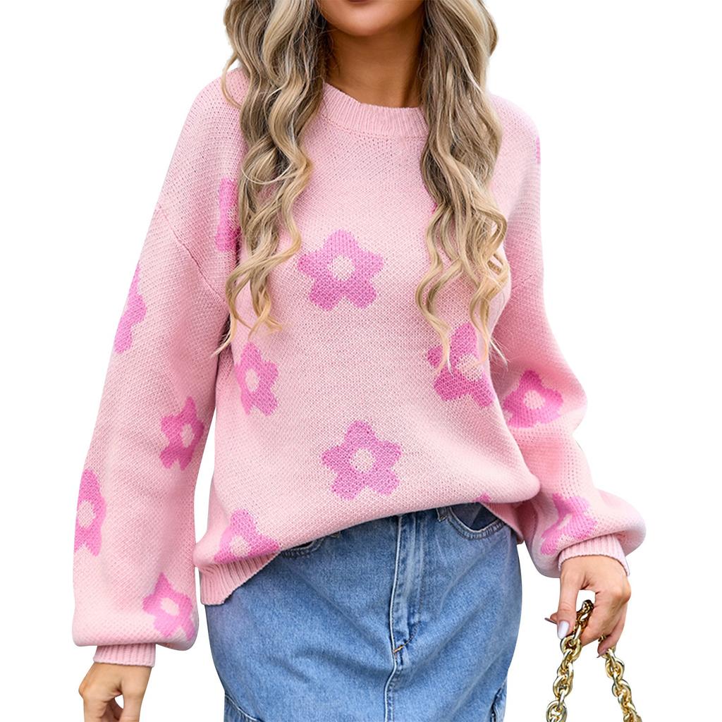 Женский повседневный модный удобный пуловер с круглым вырезом контрастного цвета с цветочным принтом и длинным рукавом уличный тренд вязаный свитер