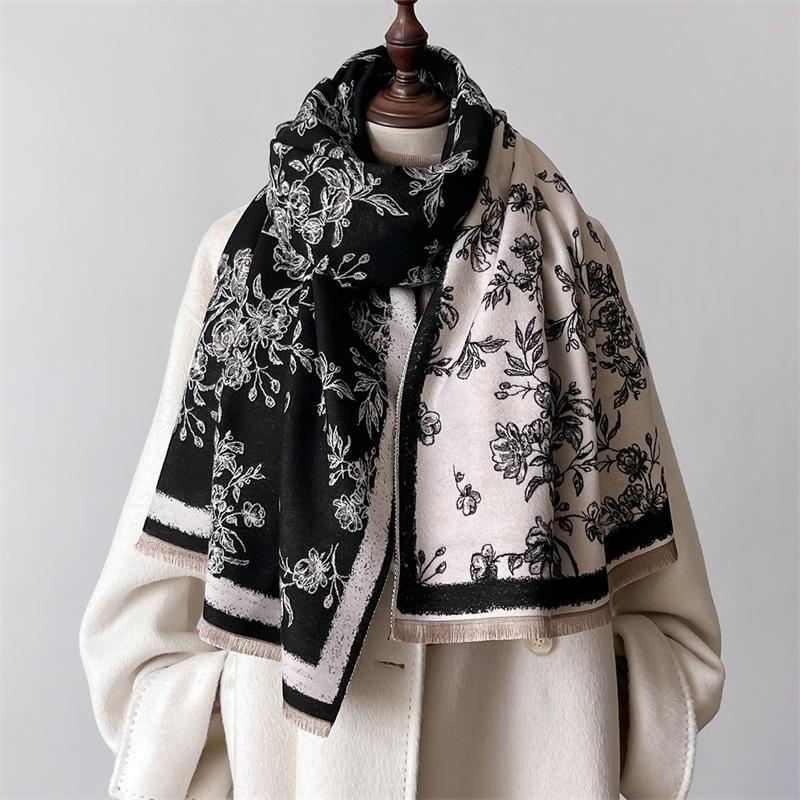 Winter Women's Retro Warm Shawl Elegant Floral Scarf Women Thick Blanket Wrap Tassel Female Long Scarf
