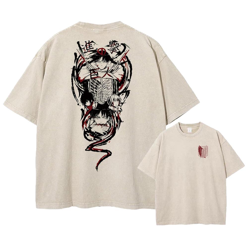 Футболка с принтом «Атака титанов» в стиле аниме, кислотная стирка, короткие рукава, уличные топы, винтажные футболки больших размеров для мужчин в стиле манга