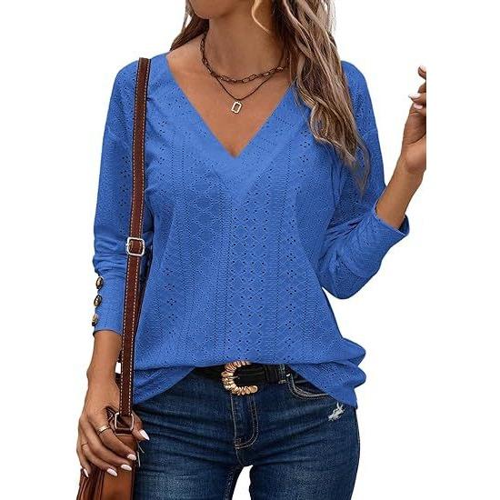 GMXIA Женская модная повседневная рубашка с V-образным вырезом и длинным рукавом, на пуговицах, с ажурной кружевной вышивкой