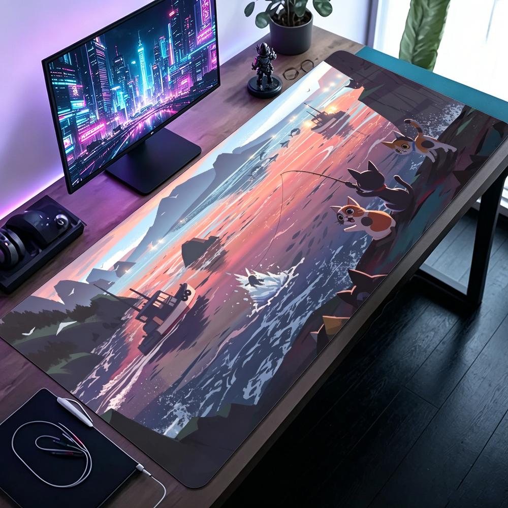 Cartoon Cats Fishing Seaside Sunset Mouse Pad Anime Coastal Gaming Desk Mat Cute Kitty Large Non Slip Keyboard Pad Office Desk