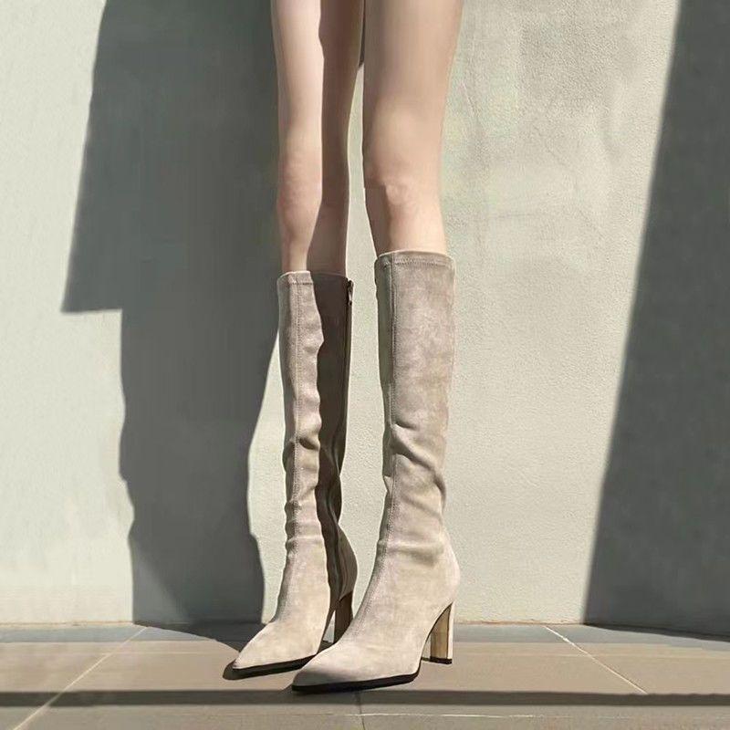 Pointed suede elastic thin boots Season women's high-heeled boots Skinny knee high boots but