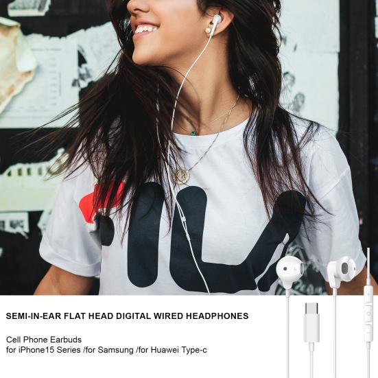 Полувкладыши с плоской головкой, цифровые проводные наушники, наушники-вкладыши для сотового телефона серии iPhone15 для Samsung, Huawei Type-c