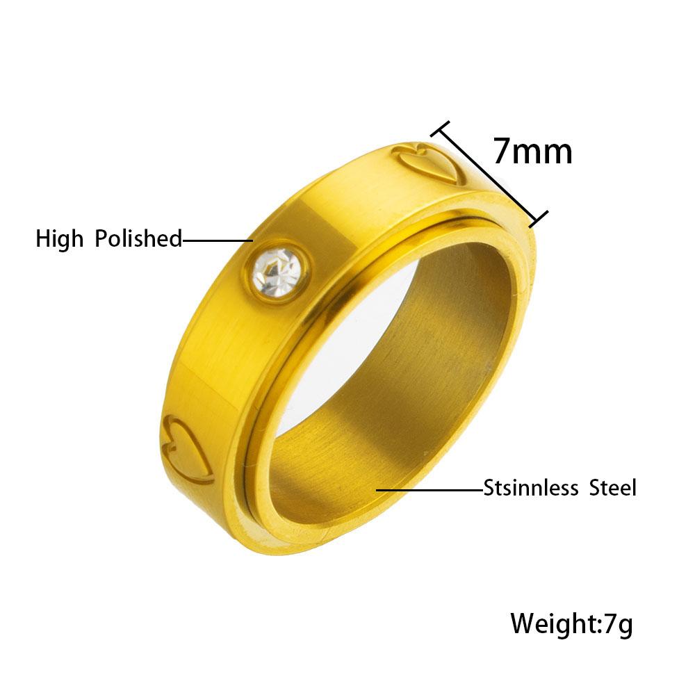 Stainless Steel Ring Europe America Heart-Shaped Rotatable 18K Gold-Plated Diamond Inlaid Couple Gift with Zircon Main Stone