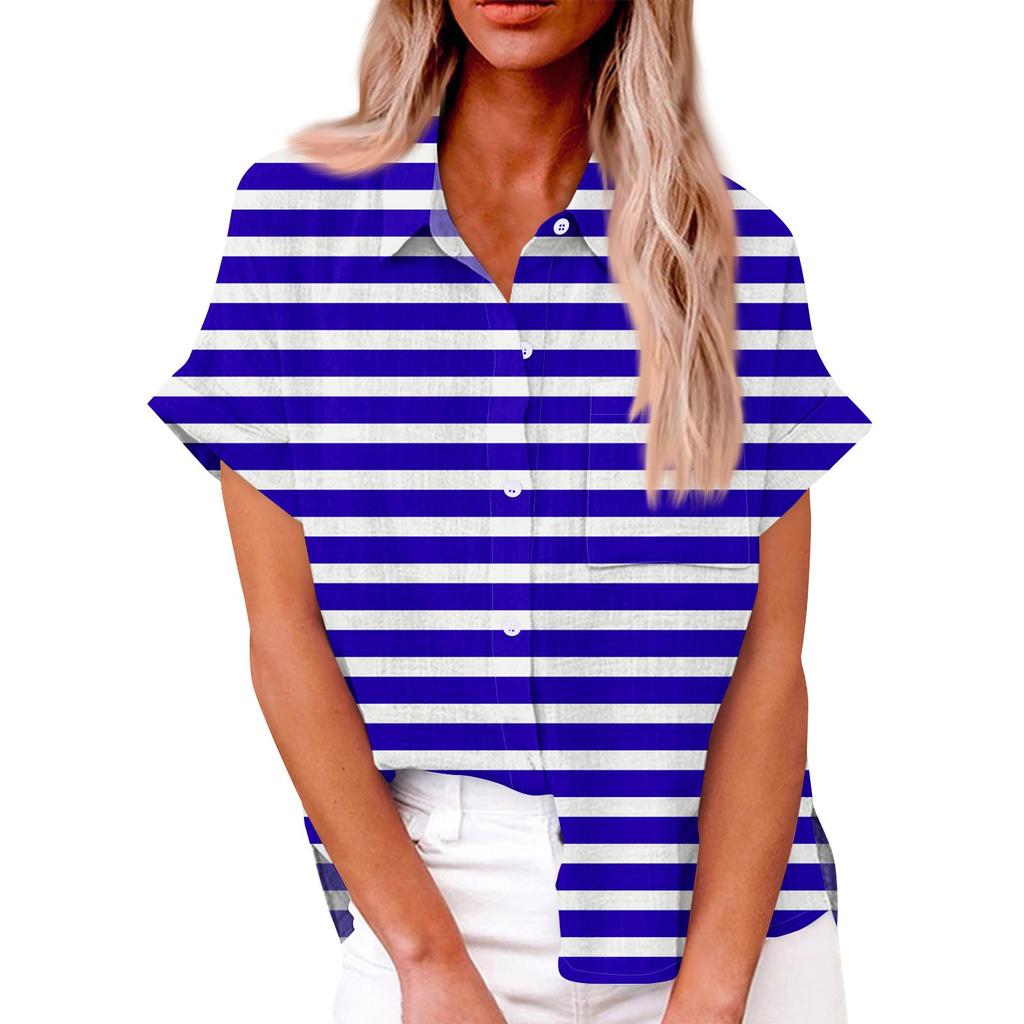 Женская свободная повседневная рубашка с короткими рукавами и отворотом с цифровым принтом и карманом