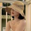 Women Summer Handwoven Rainbow Straw Hat Korean Fashion Wide Brim Breathable Cap for Beach Travel Sun Coverage