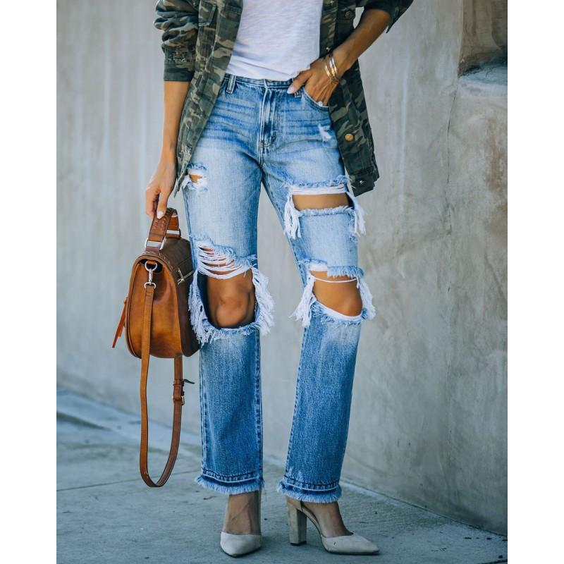 Womens Wide Leg Distressed Washed Denim Jeans High Waist Loose Fit Cotton Blend