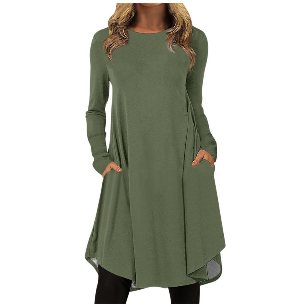 Женская мода повседневное сплошной цвет пуловер с круглым вырезом свободное платье с длинным рукавом