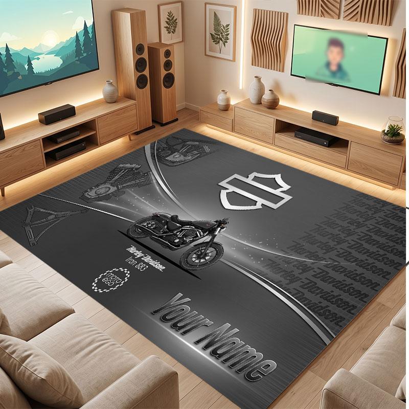 Harley-Davidson Personalized Crystal Velvet Carpet, Customized Name Text Soft Anti‑Slip Rug for Living Room Bedroom