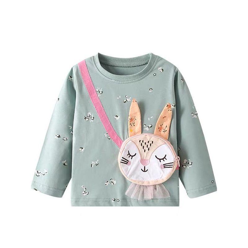 Cartoon-Style Girls' T-Shirt, New Spring Fashion, Stylish Three-Dimensional Outerwear, Pure Cotton, Cute Rabbit Embroidery, Base Shirt
