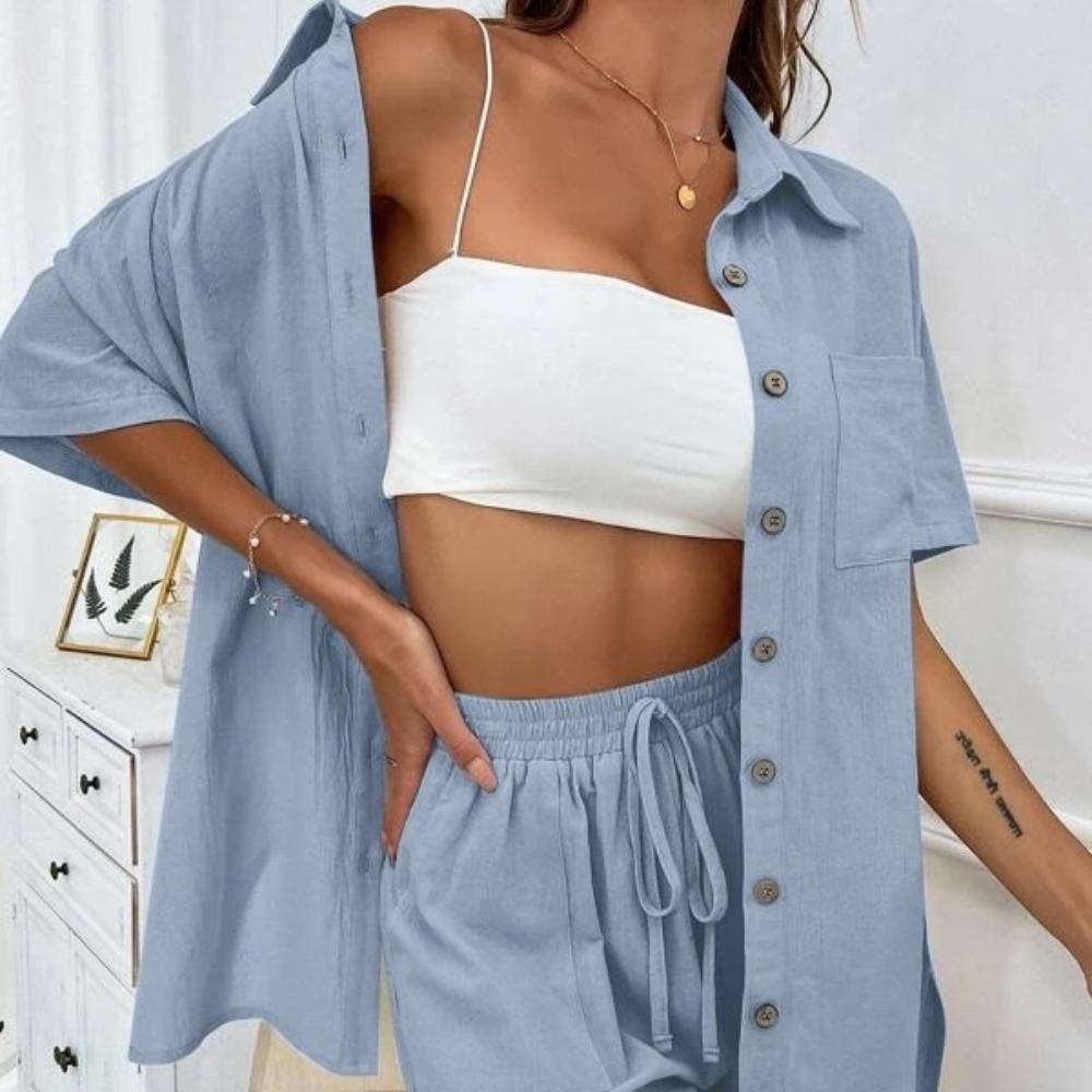 Женские модные шорты, комплект из двух однотонных рубашек, повседневные свободные с короткими рукавами, однобортные женские модели